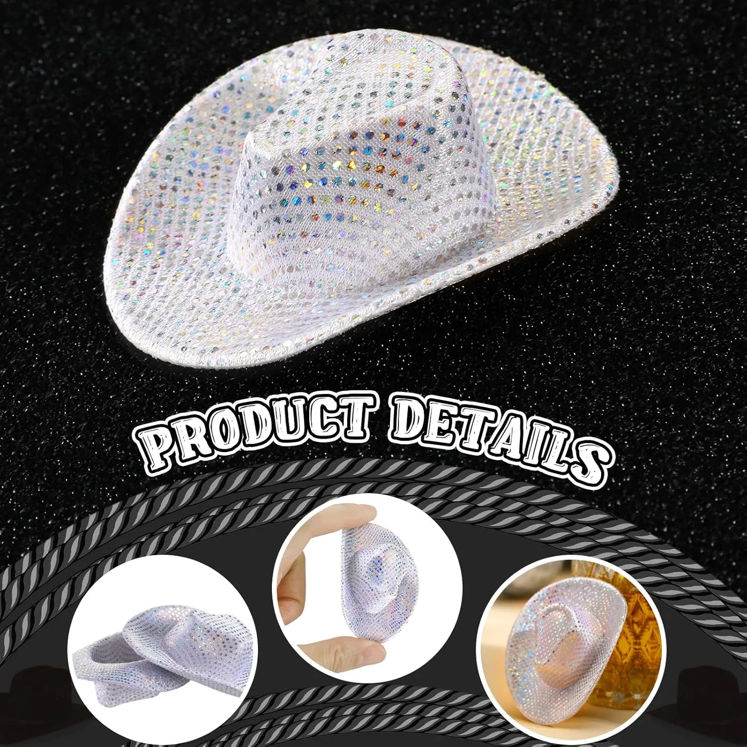 for Party provoke Doll, 12 Pcs(Silver) Sotiff Mini Disco Cowboy Hat Tiny Light up Holographic Space Cowgirl Hat Neon Party Decor 