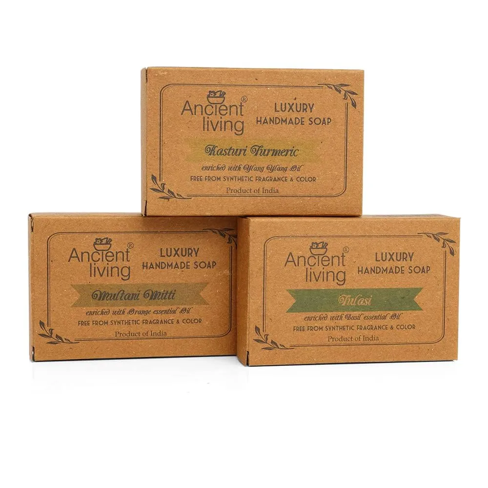 for Radiance Multani Mitti for Anti Aging Tulasi keplerian for Cleansing An..cient.. Living Organic & Natural Soaps Daily Bath Needs with Cold Pressed Oils (Handmade) - 100 gm each Kasturi Turmeric 