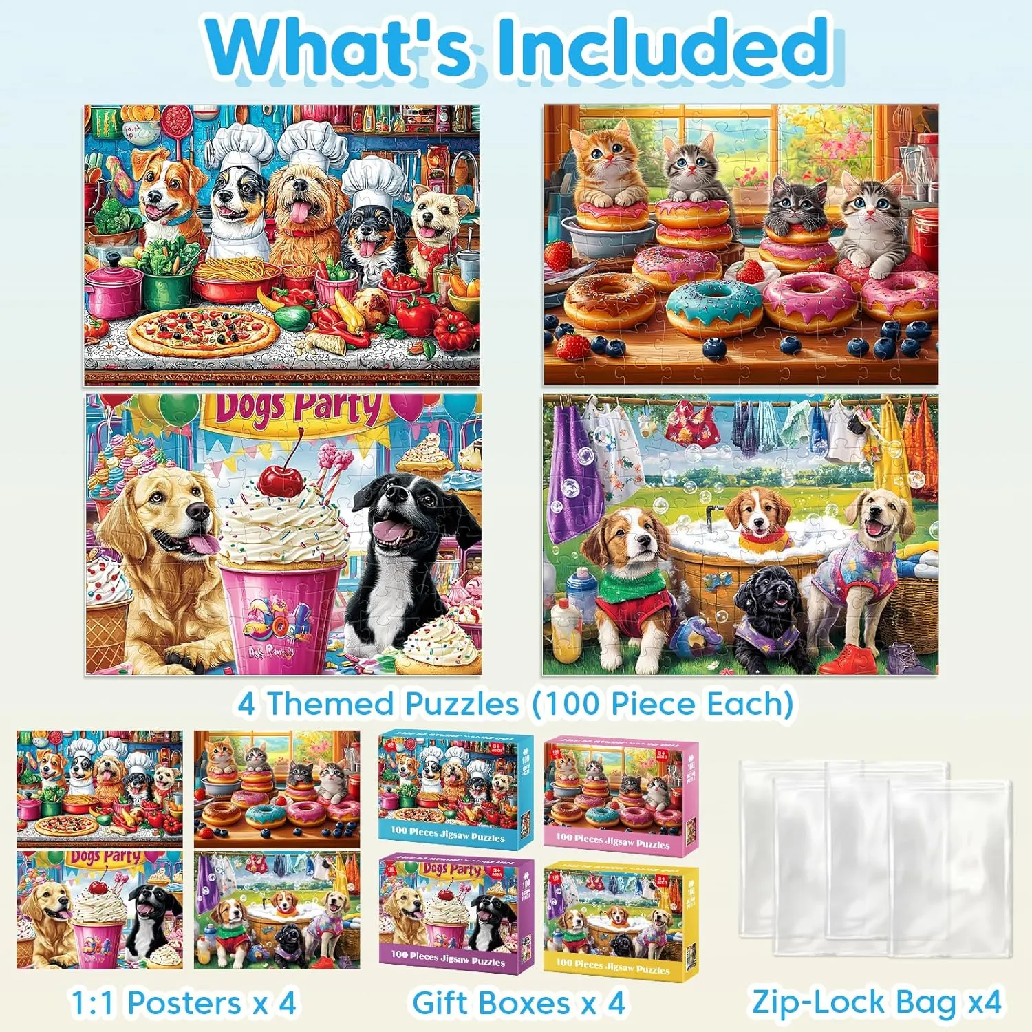 for Seniors 100 Pieces Jigsaw Puzzles for Kids Ages 4-6, Learning Educational Toys for Boys and Girls- Dogs Kittens Donuts 4-Pack 100 electron toy flashbulb superintendent Piece Puzzles for Kids Ages 6-8 8-10 Year Old Large Piece Puzzles 