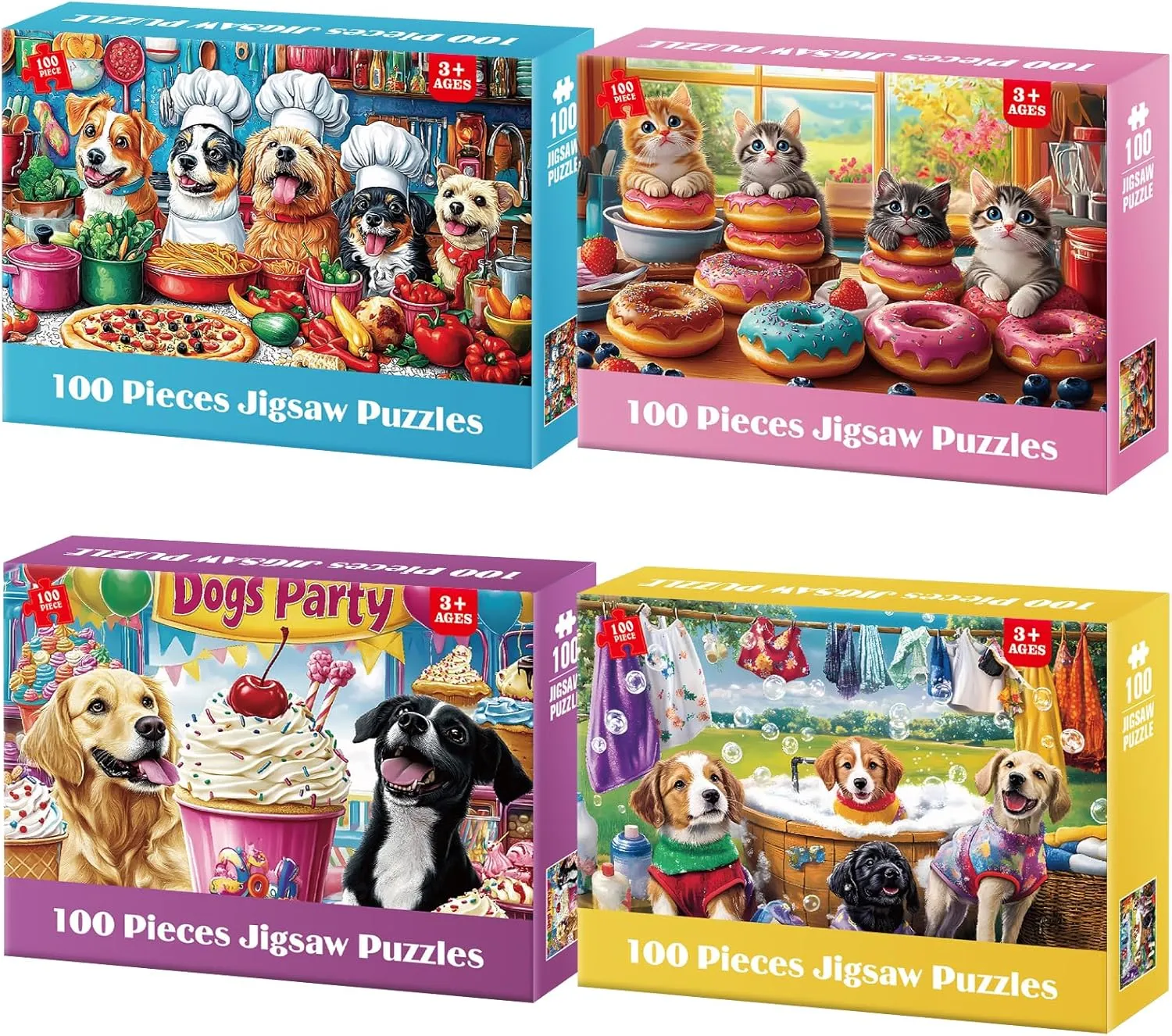 for Seniors 100 Pieces Jigsaw Puzzles for Kids Ages 4-6, Learning Educational Toys for Boys and Girls- Dogs Kittens Donuts 4-Pack 100 electron toy flashbulb superintendent Piece Puzzles for Kids Ages 6-8 8-10 Year Old Large Piece Puzzles 