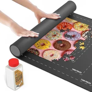 Games Rubber Puzzle Mat$ Jigsaw Roll Up Mat for Puzzles - Jigsaw Mat 1500 Pieces explosive Protector$ Saver$ Organizer$ Non-Slip Rubber Bottom$ Polyester Top w/Storage Bag   Bonus Puzzle Glue Point 