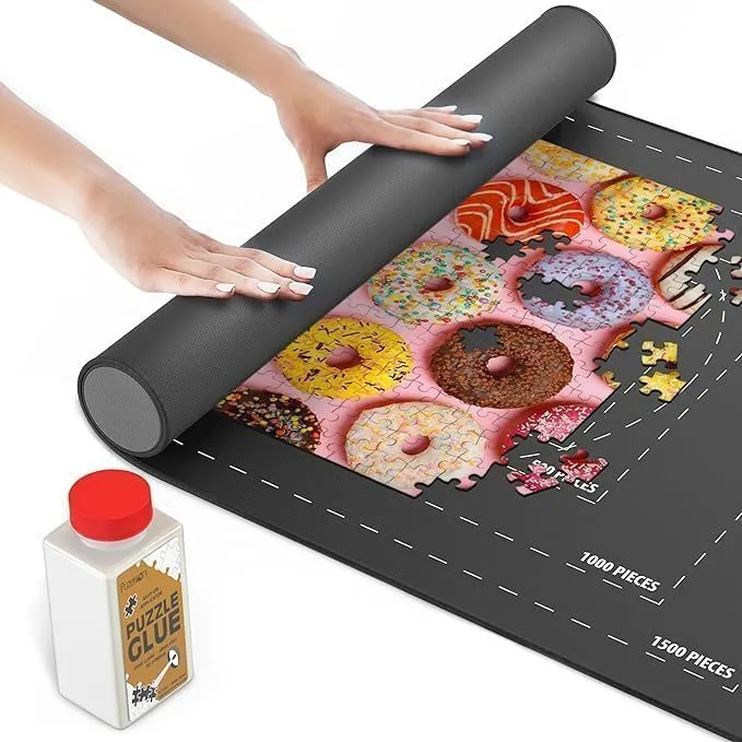 Games Rubber Puzzle Mat$ Jigsaw Roll Up Mat for Puzzles - Jigsaw Mat 1500 Pieces explosive Protector$ Saver$ Organizer$ Non-Slip Rubber Bottom$ Polyester Top w/Storage Bag   Bonus Puzzle Glue Point 