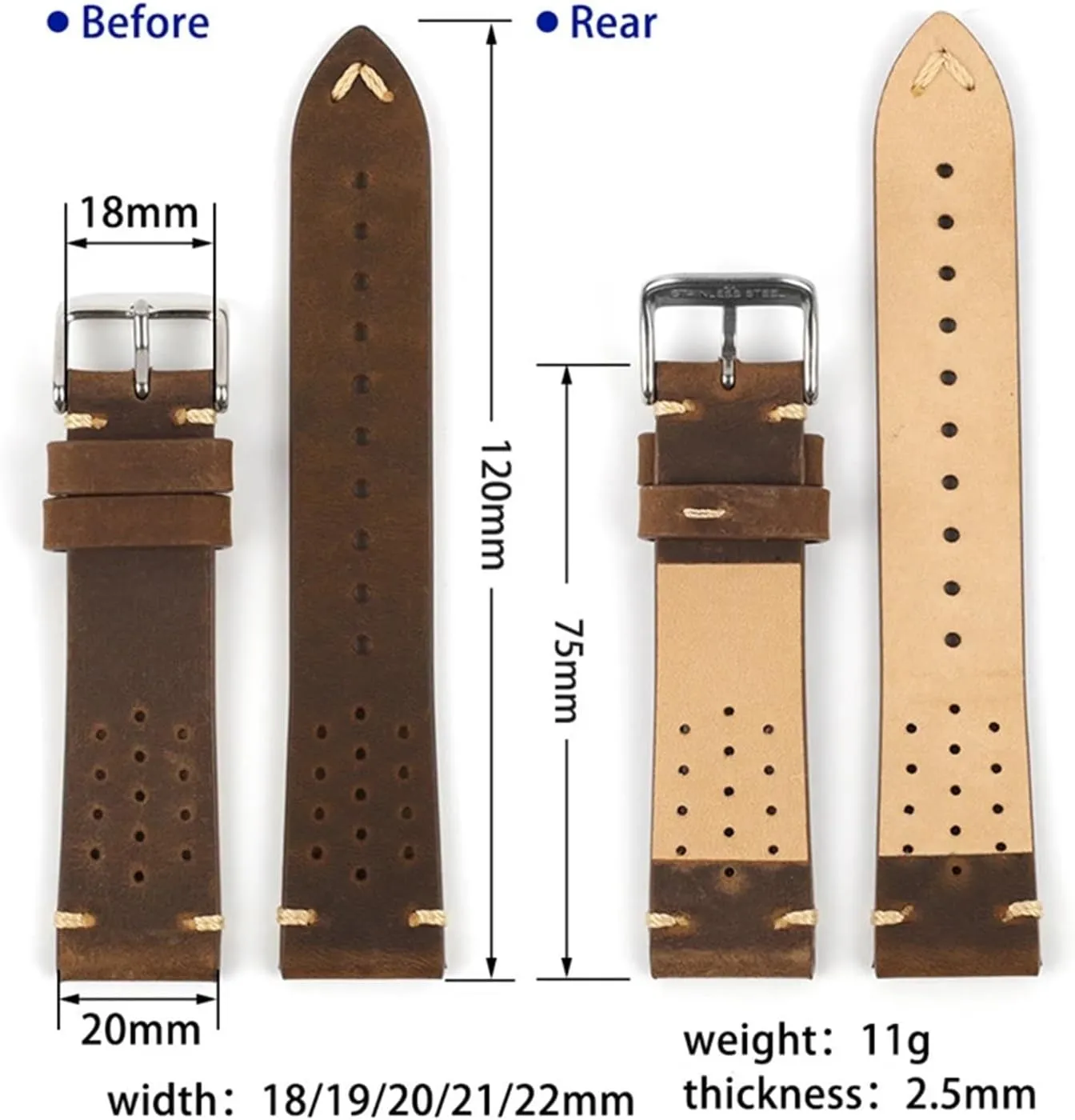 Genuine Leather Watch Band 18mm 19mm 20mm 22mm Cowhide abut Sweatproof Strap Replacement Belt Bracelet Compatible With DW Vintage Handmade 