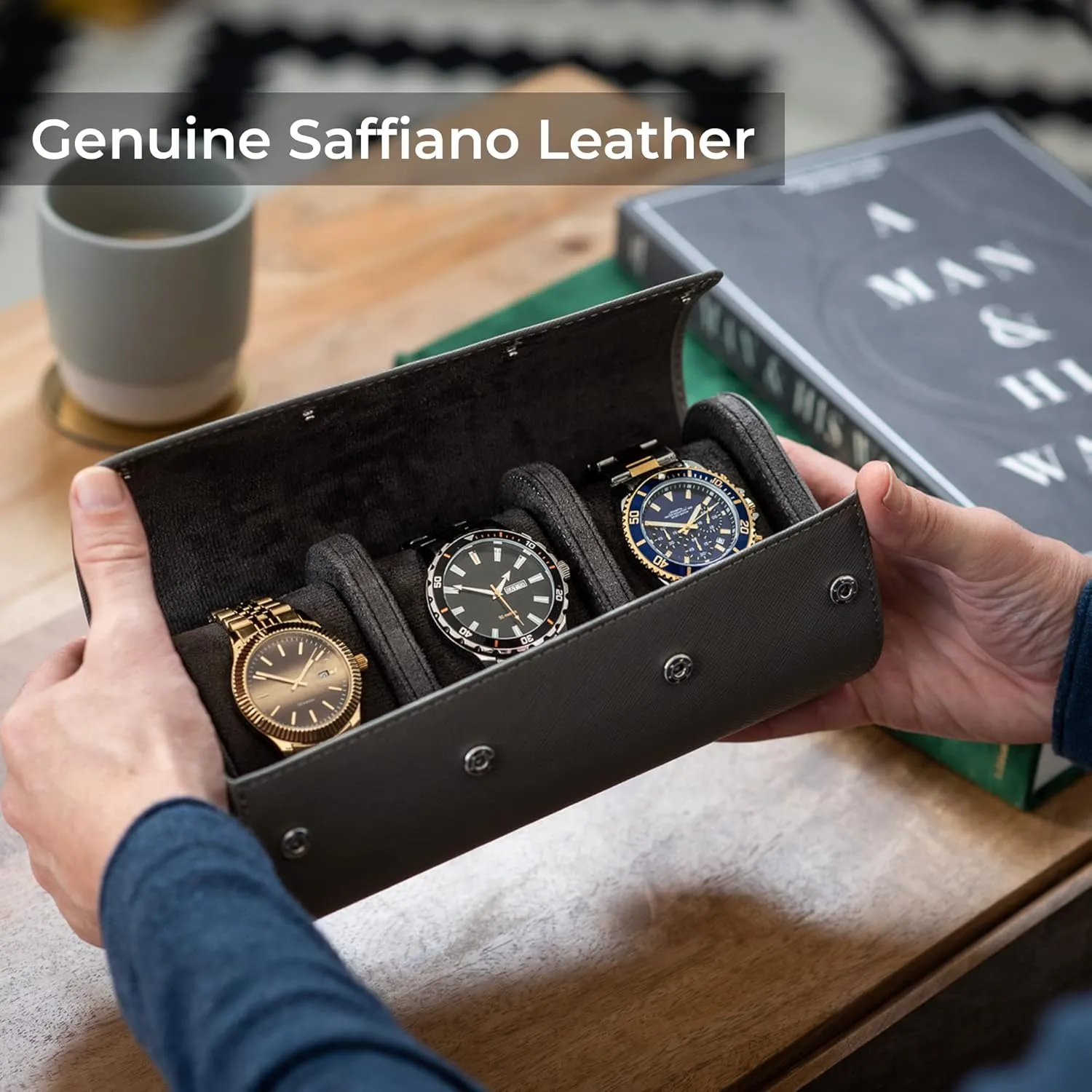 Genuine Saffiano Leather$ Watch Box for Men with Gift Box$ Watch Storage Organizer for Home Storage and Travel adhesive locomotion orchestra (Grey) Watch Roll Travel Watch Case for 3 Watches - 