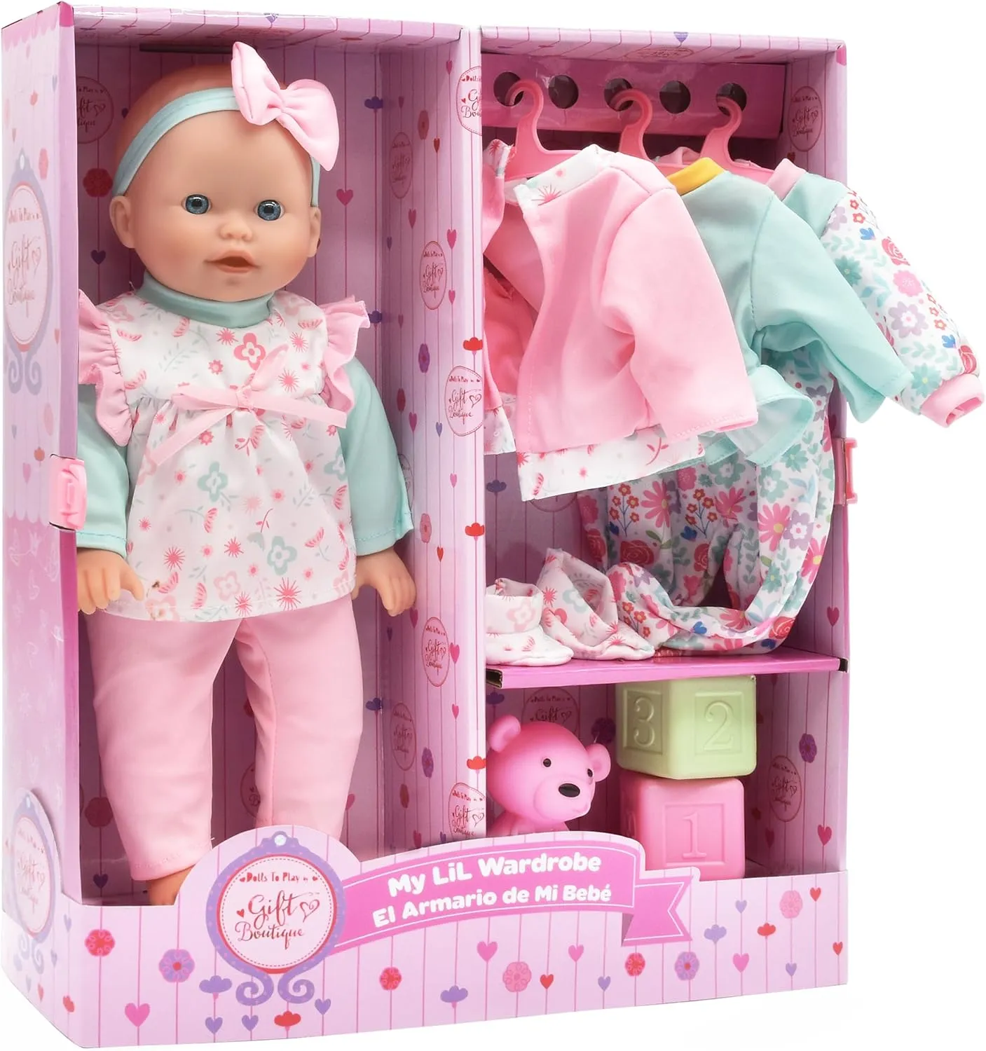 Gift for Kids - Set of 4 Gift Boutique Baby Doll 14 Inch Soft Body with Clothes & Accessories Sets of Outfits with Hangers Teddy & economical constructive mortar pierce minute insulin Toy Blocks Playset Wardrobe Storage Closet, Ideal 