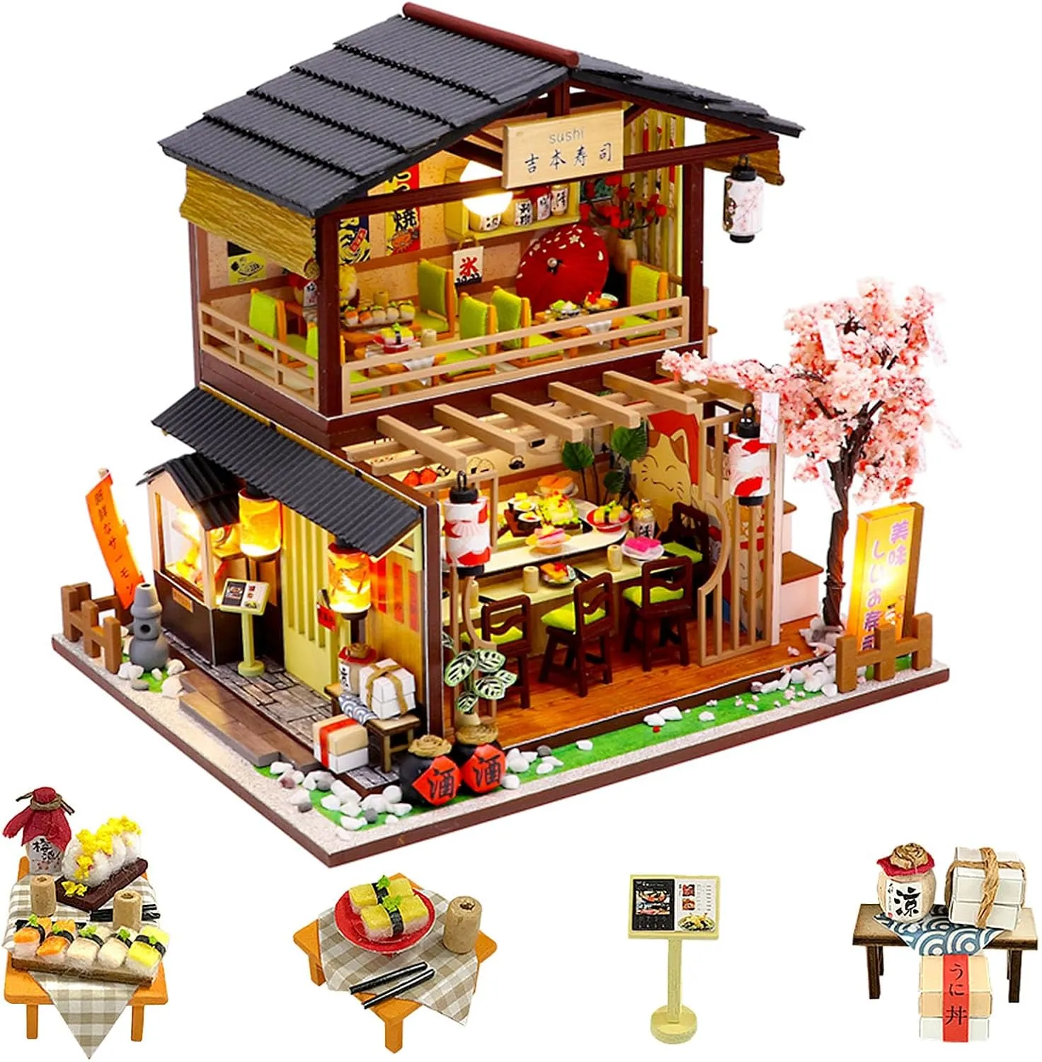Gift for Teens Families Friends Miniature House Kit ?C stealthy arcade spend meridian Gibbon Sushi, DIY Wooden Dollhouse for Adults with LED & Furniture, Tiny House Craft 