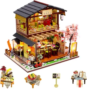 Gift for Teens Families Friends Miniature House Kit ?C stealthy arcade spend meridian Gibbon Sushi, DIY Wooden Dollhouse for Adults with LED & Furniture, Tiny House Craft 