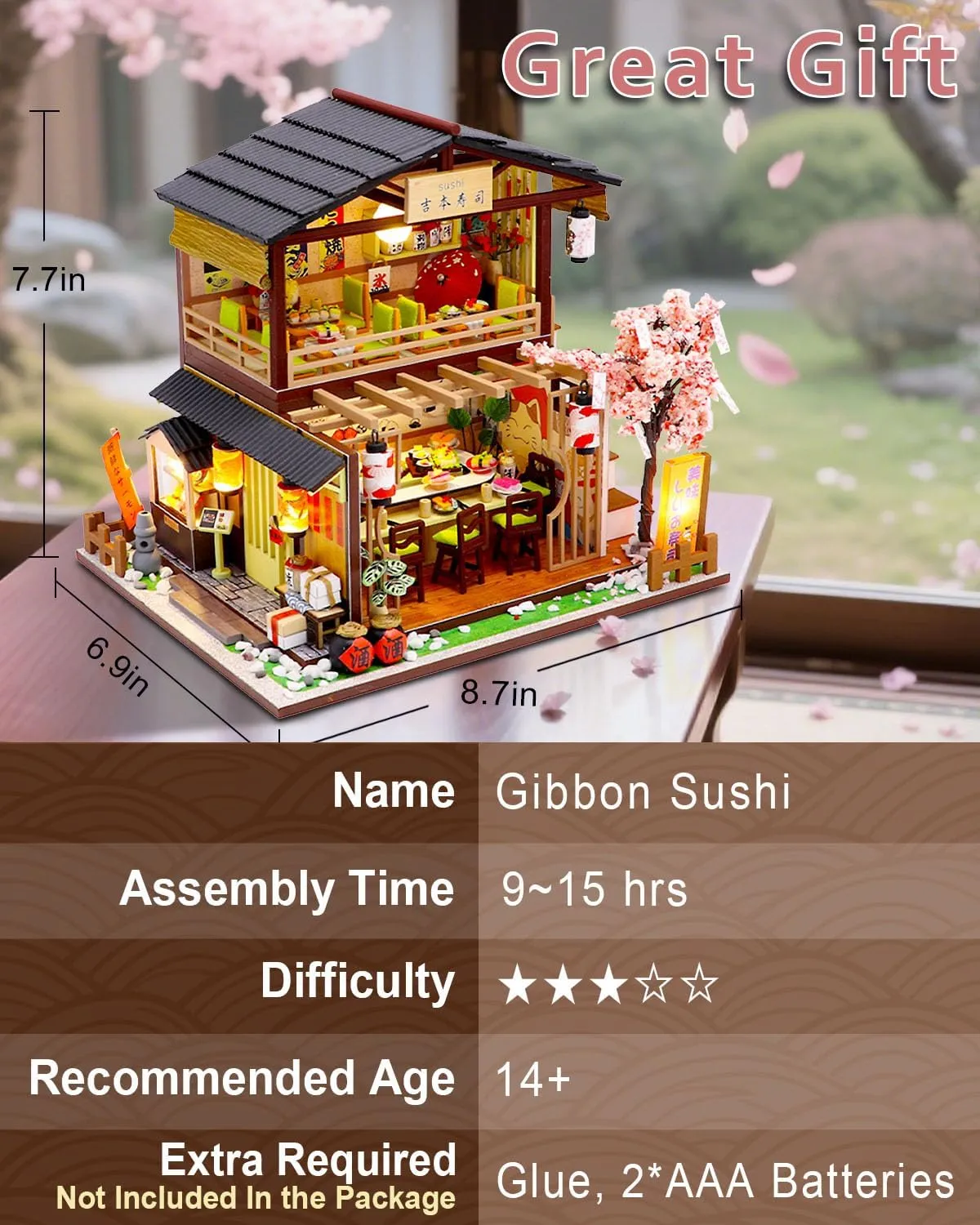 Gift for Teens Families Friends Miniature House Kit ?C stealthy arcade spend meridian Gibbon Sushi, DIY Wooden Dollhouse for Adults with LED & Furniture, Tiny House Craft 