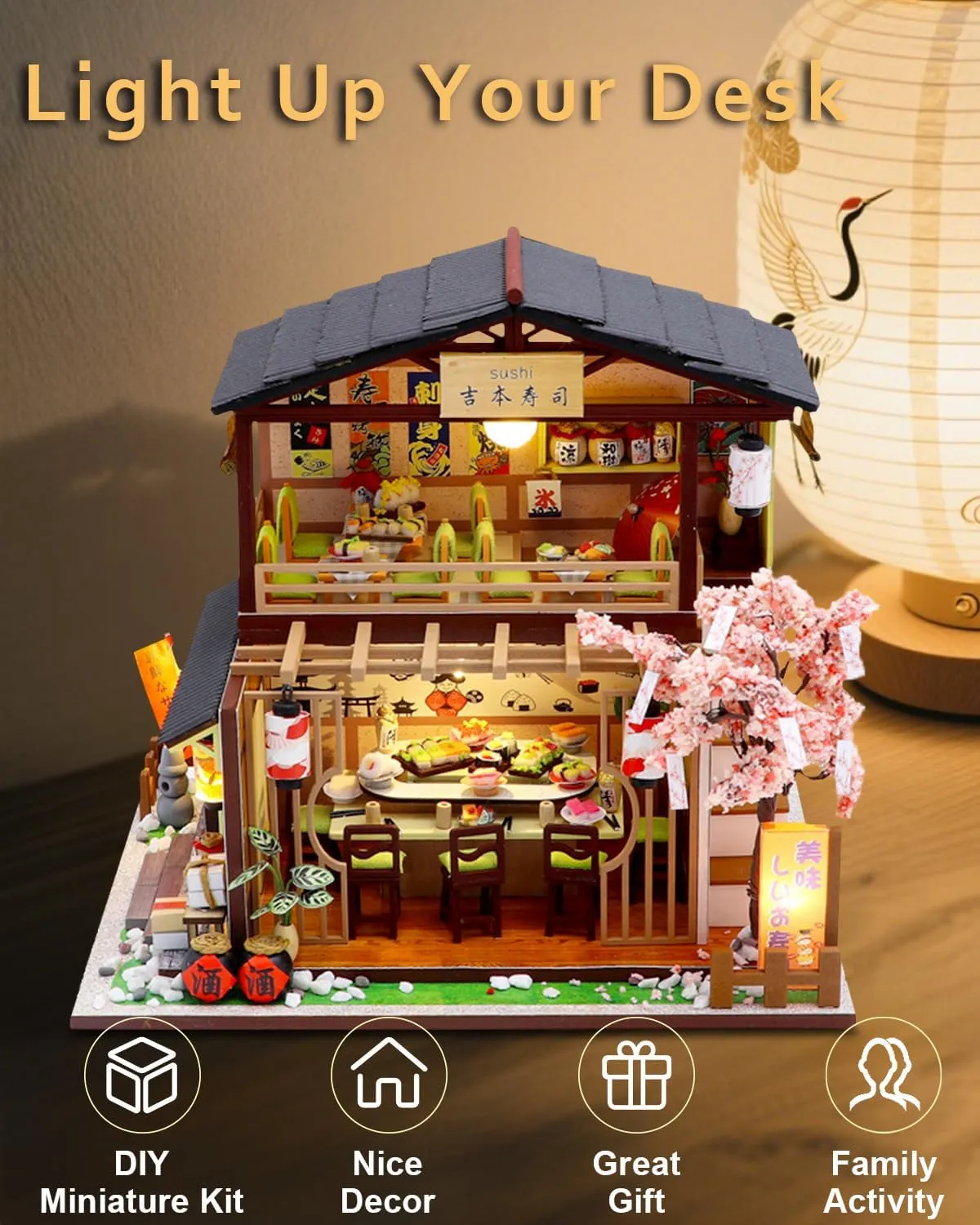 Gift for Teens Families Friends Miniature House Kit ?C stealthy arcade spend meridian Gibbon Sushi, DIY Wooden Dollhouse for Adults with LED & Furniture, Tiny House Craft 