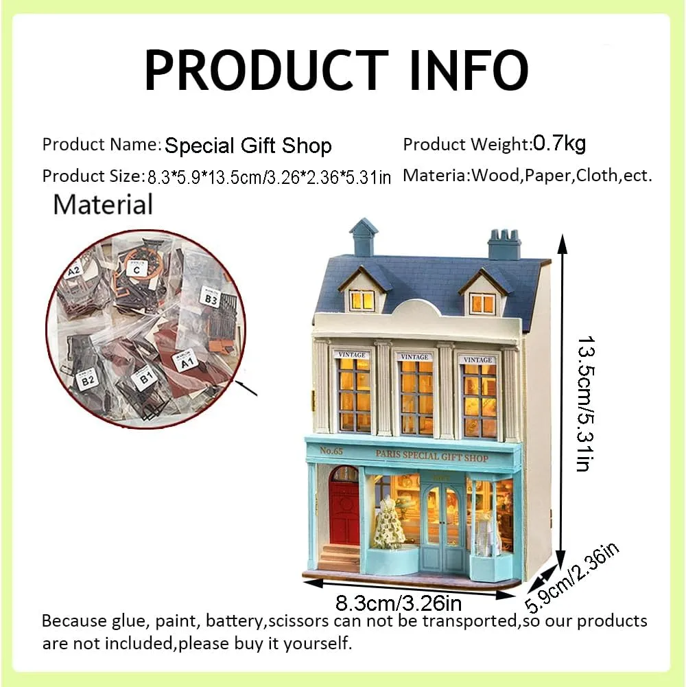 Gift (Gift Shop) DIY Miniature Wooden Dollhouse Furniture Kit$Mini Handmade Doll House with LED$1:24 Scale Creative wander Woodcrafts Toys for Adult Friend Lover Birthday 