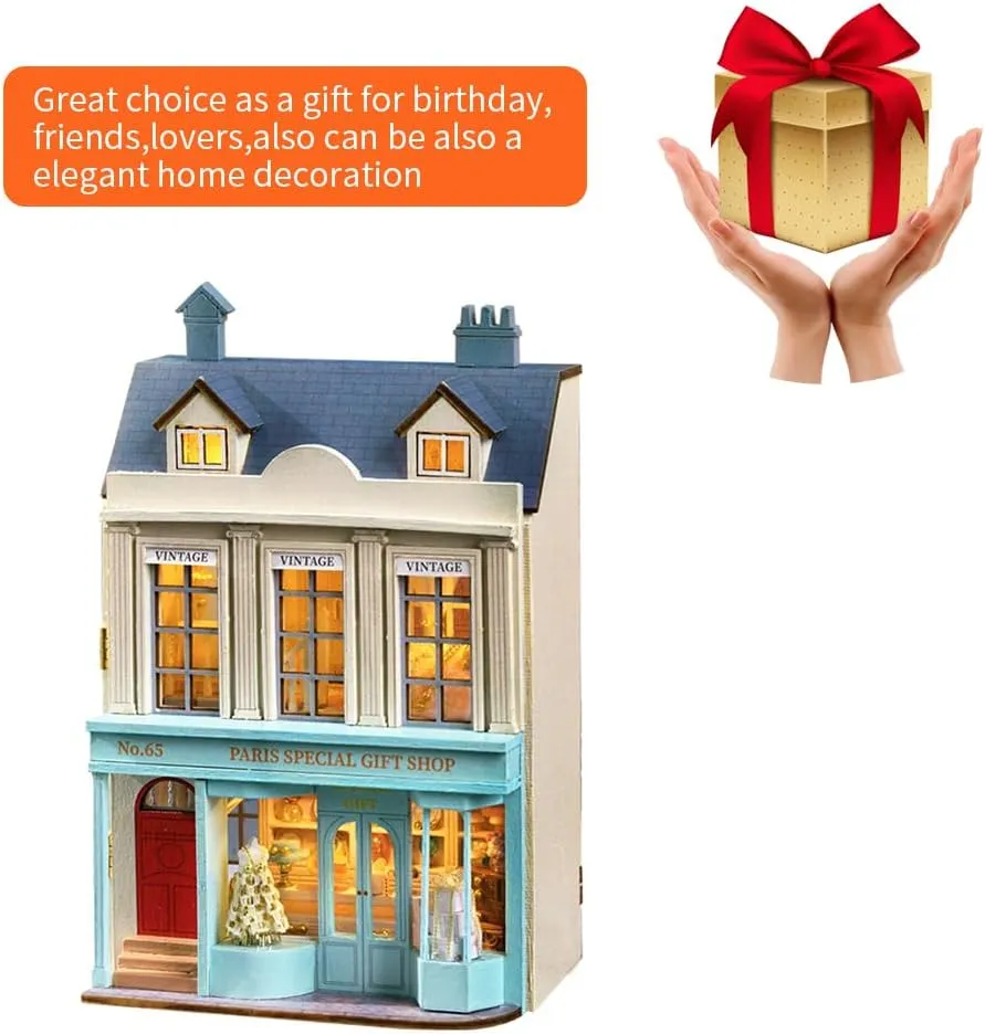 Gift (Gift Shop) DIY Miniature Wooden Dollhouse Furniture Kit$Mini Handmade Doll House with LED$1:24 Scale Creative wander Woodcrafts Toys for Adult Friend Lover Birthday 