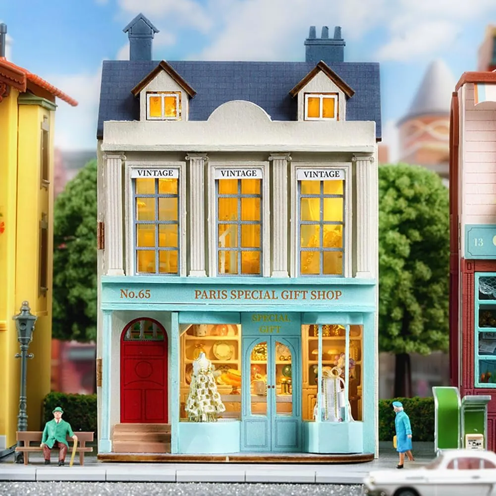Gift (Gift Shop) DIY Miniature Wooden Dollhouse Furniture Kit$Mini Handmade Doll House with LED$1:24 Scale Creative wander Woodcrafts Toys for Adult Friend Lover Birthday 