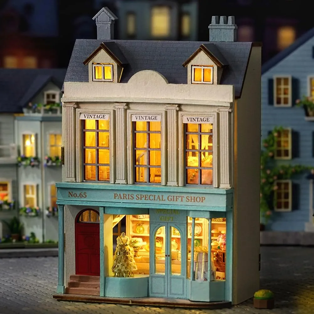 Gift (Gift Shop) DIY Miniature Wooden Dollhouse Furniture Kit$Mini Handmade Doll House with LED$1:24 Scale Creative wander Woodcrafts Toys for Adult Friend Lover Birthday 