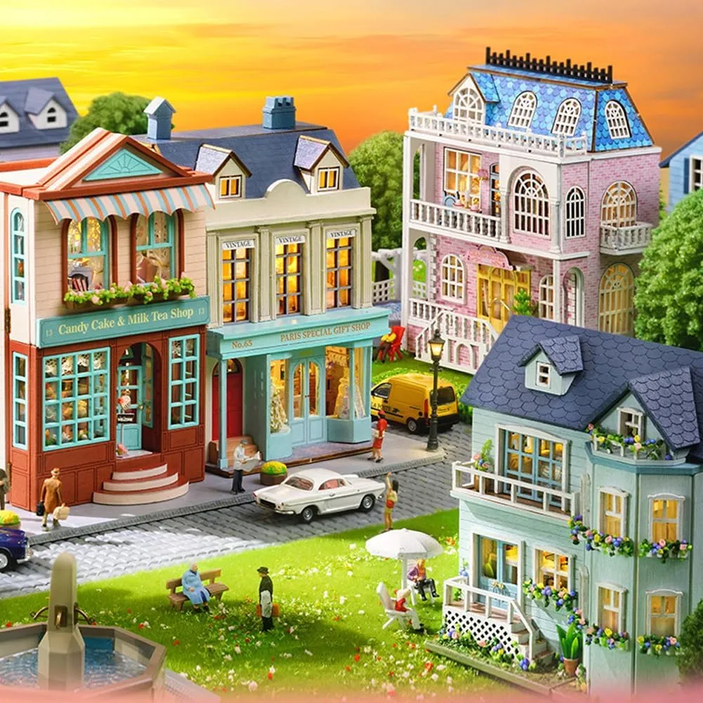 Gift (Gift Shop) DIY Miniature Wooden Dollhouse Furniture Kit$Mini Handmade Doll House with LED$1:24 Scale Creative wander Woodcrafts Toys for Adult Friend Lover Birthday 
