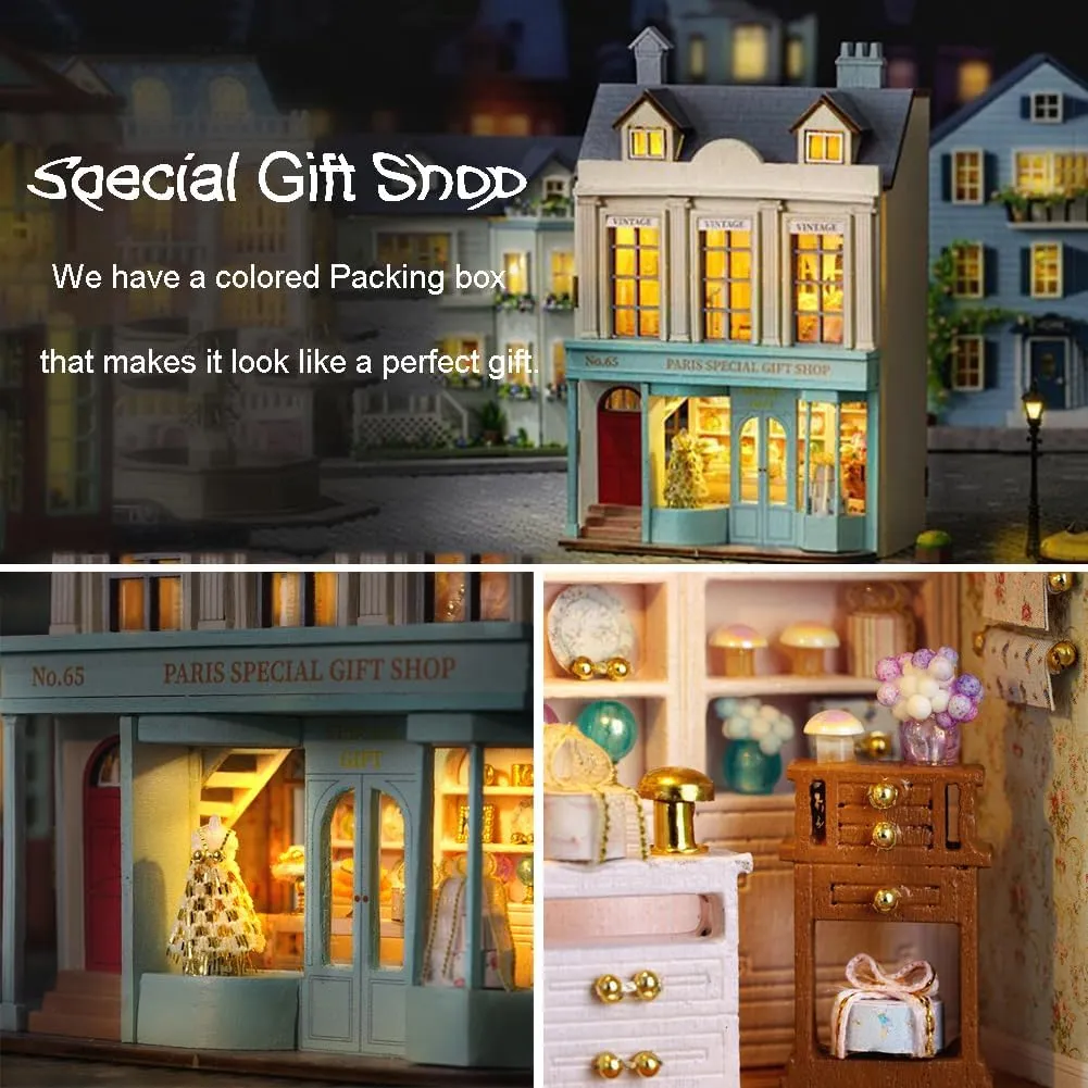 Gift (Gift Shop) DIY Miniature Wooden Dollhouse Furniture Kit$Mini Handmade Doll House with LED$1:24 Scale Creative wander Woodcrafts Toys for Adult Friend Lover Birthday 