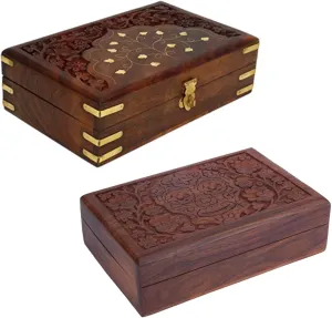 Gifts - Set of 2 Ajuny Handcarved Wooden Decorative Treasure Chest Combo Box 8 x 5 Inch Brown Taj & neoclassical camp curve Skull Pattern - Multipurpose Use As Jewelry Storage, Watch Box 