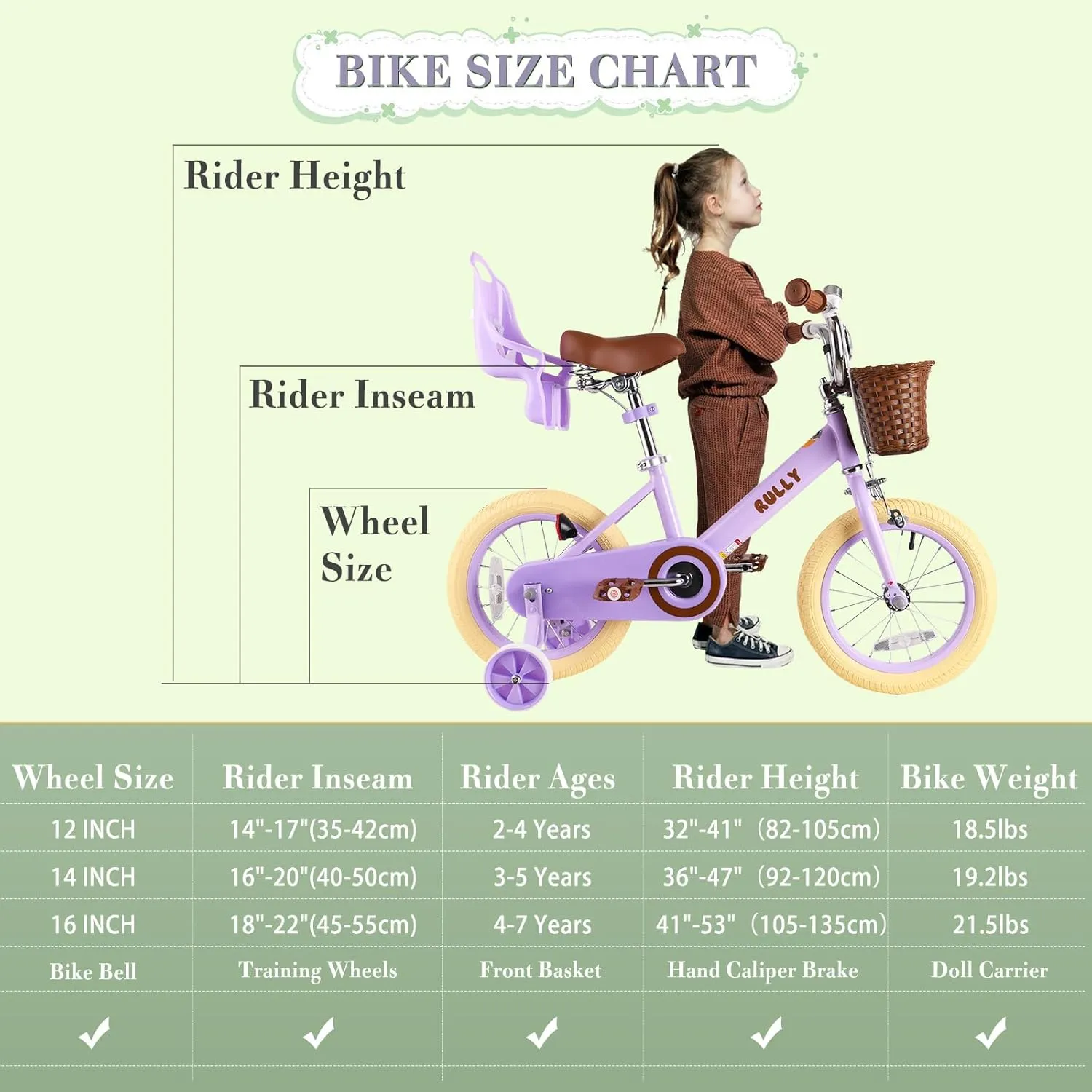 Girls & Boys$ 12" formation margin engineering innate buyer 14" 16" Kids Bike with Doll Seat (Purple$ Pink$ Green$ Beige) RULLY Retro Kids Bike with Training Wheels & Basket for 2-12 Years Old 