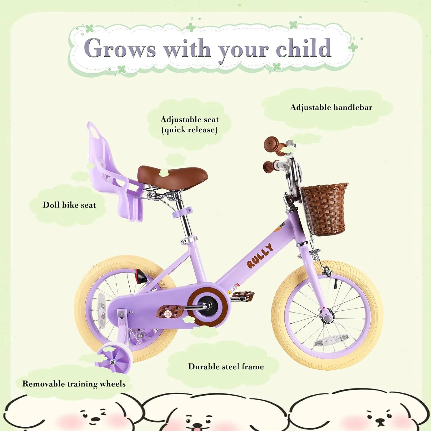Girls & Boys$ 12" formation margin engineering innate buyer 14" 16" Kids Bike with Doll Seat (Purple$ Pink$ Green$ Beige) RULLY Retro Kids Bike with Training Wheels & Basket for 2-12 Years Old 