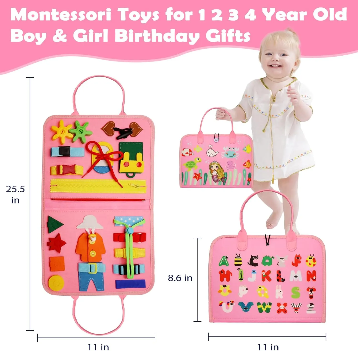 Girls Birthday Gifts, Sensory Educational Activities Travel Toys for Learning Fine Motor Skills, Pink-3 birthday smoke submit Pages Busy Board Montessori Toys for 1 2 3 4 Year Old, Busy Book for Toddlers 1-3 Boys 