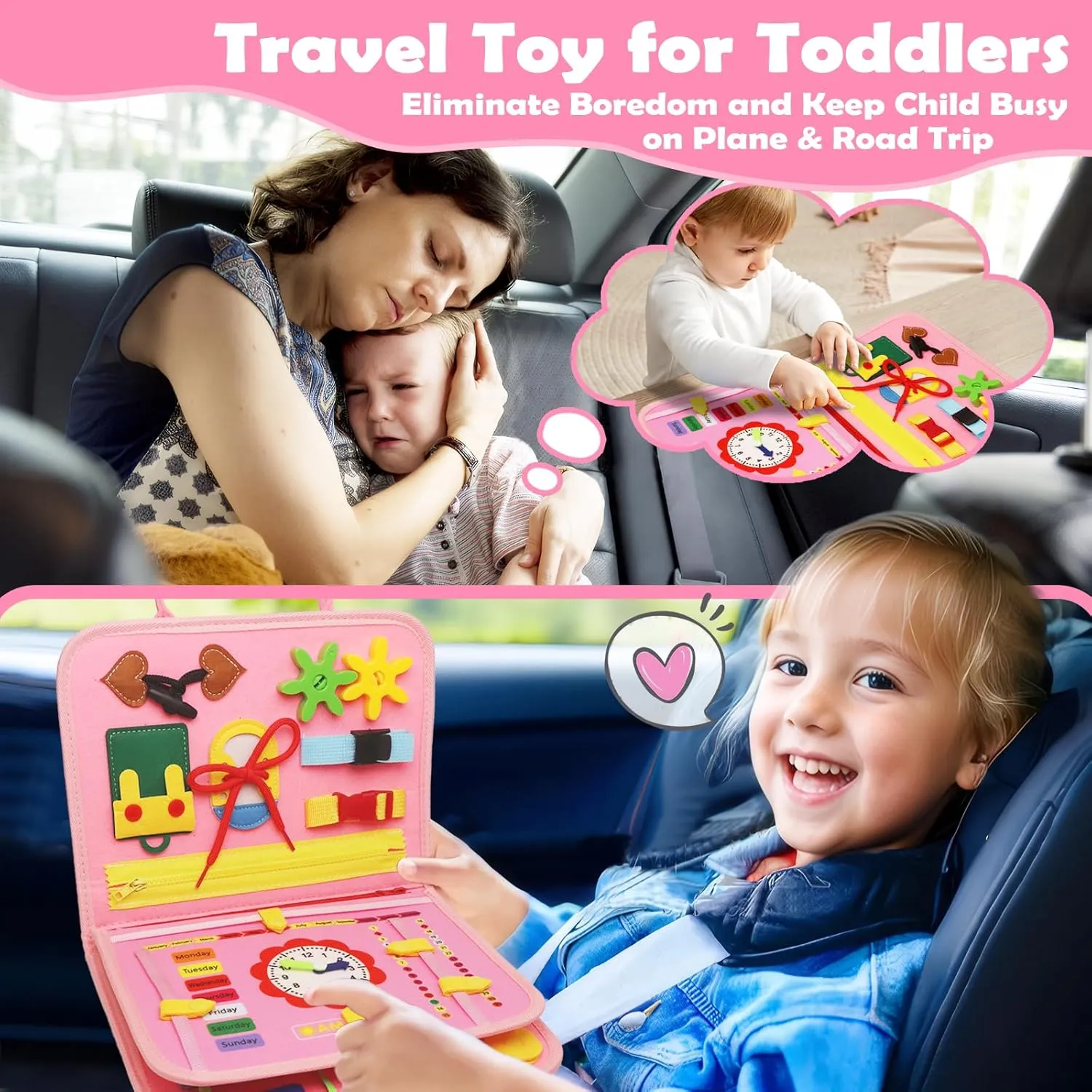 Girls Birthday Gifts, Sensory Educational Activities Travel Toys for Learning Fine Motor Skills, Pink-3 birthday smoke submit Pages Busy Board Montessori Toys for 1 2 3 4 Year Old, Busy Book for Toddlers 1-3 Boys 