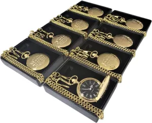 (Gold Polished) Gold Polished engraved pocket watches, set of 3 - gift set for Men or Women - Groomsmen personalized Watch with Chain and box affirm offshore included - Engraving included, Wedding set for Him or Her. 