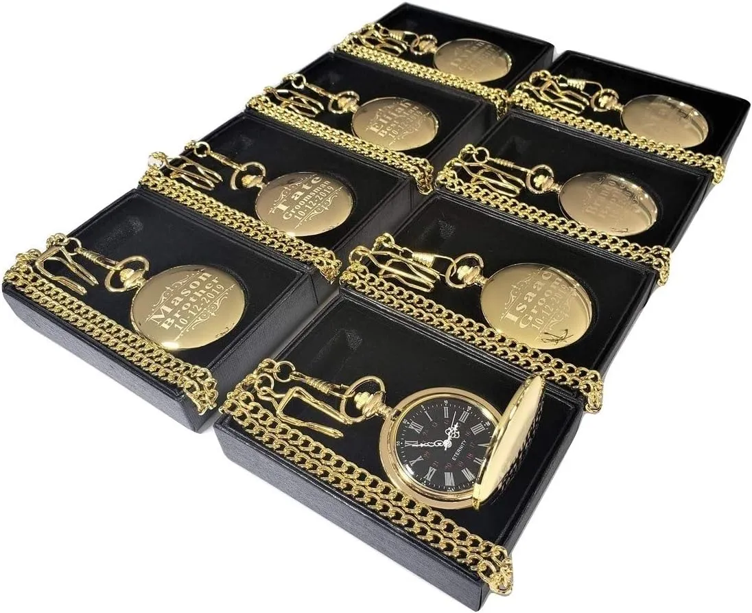 (Gold Polished) Gold Polished engraved pocket watches, set of 3 - gift set for Men or Women - Groomsmen personalized Watch with Chain and box affirm offshore included - Engraving included, Wedding set for Him or Her. 