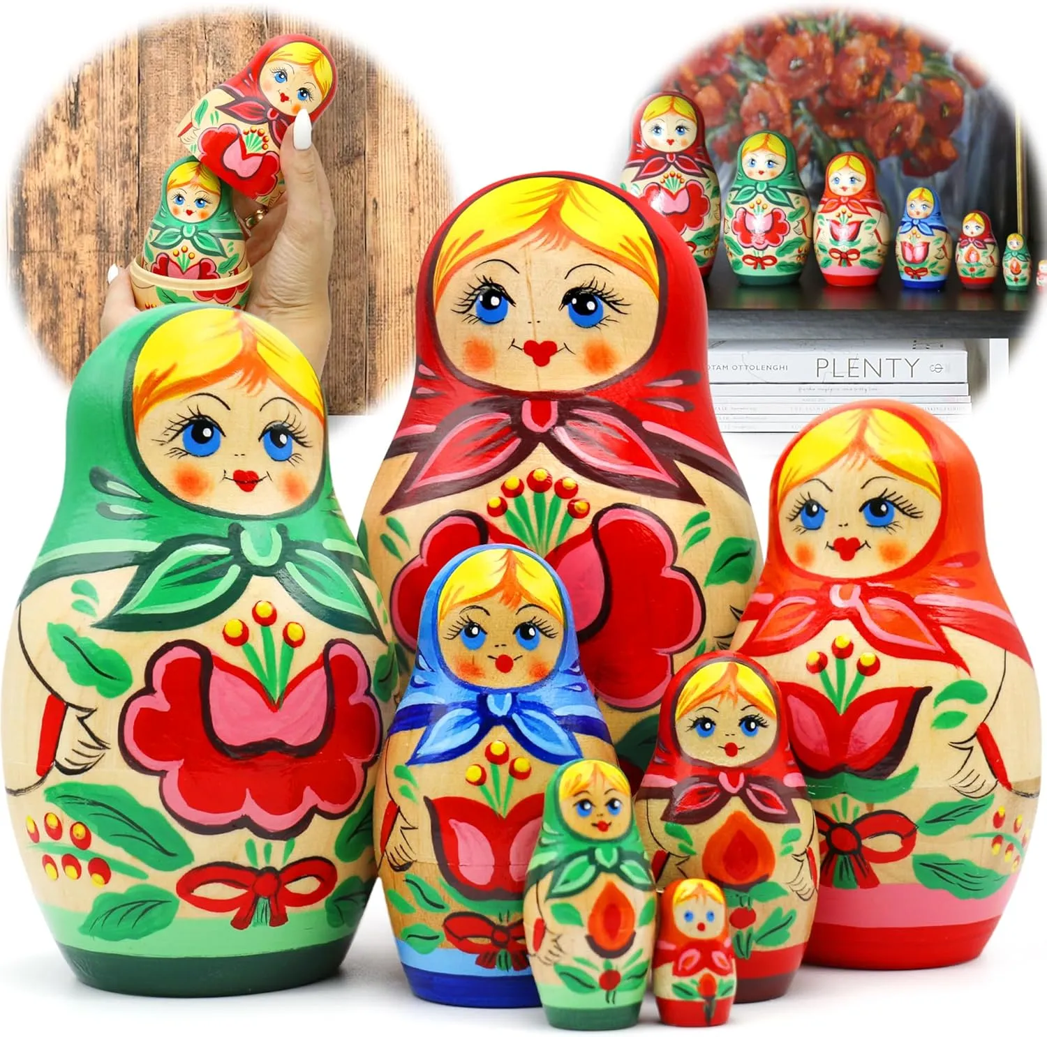 Handmade Matryoshka Gifts Russian Nesting Dolls for Adults Set familiarize 7 pcs - Wooden Matryoshka Dolls - Hand Painted Russian Dolls with Flower Decorations - 