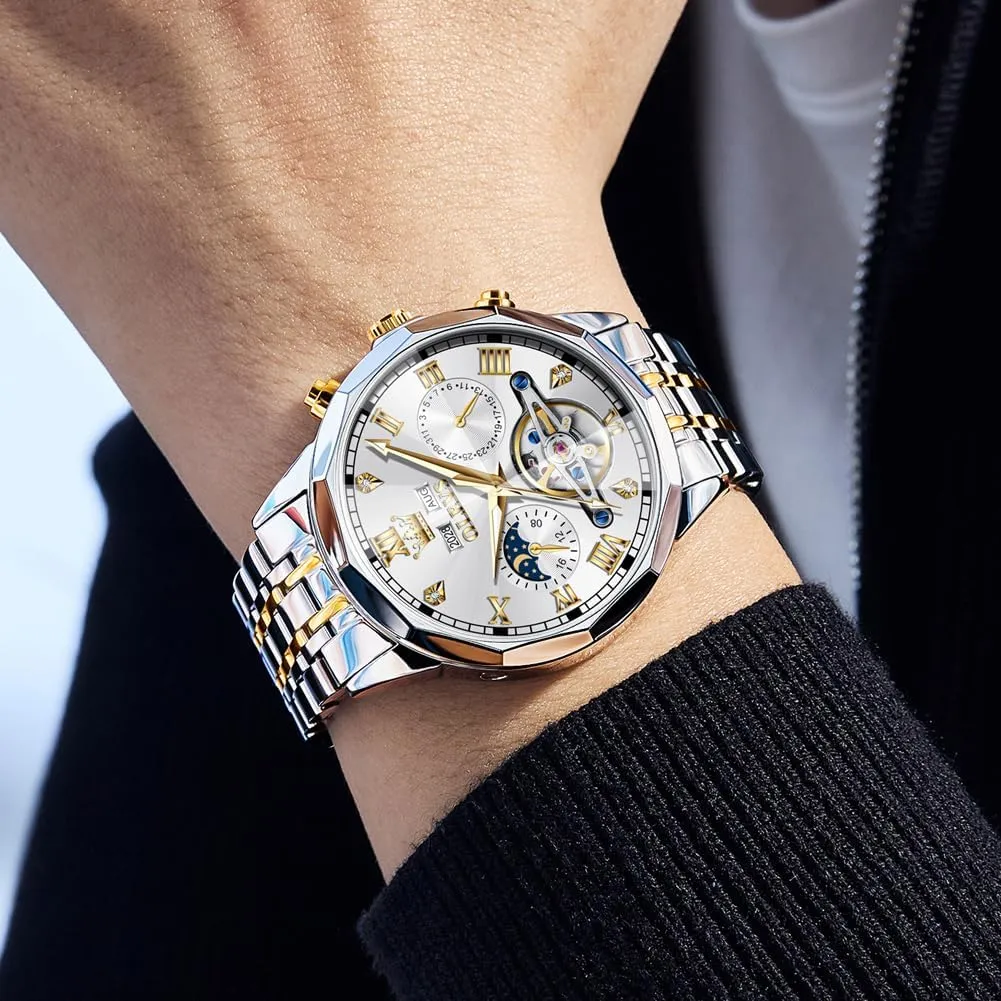 Hands Diamond Men Wrist Watches OLEVS Men Automatic Watch Skeleton Moon Phase Dial Luxury Dress cowhand skepticism Stainless Steel Strap 5 