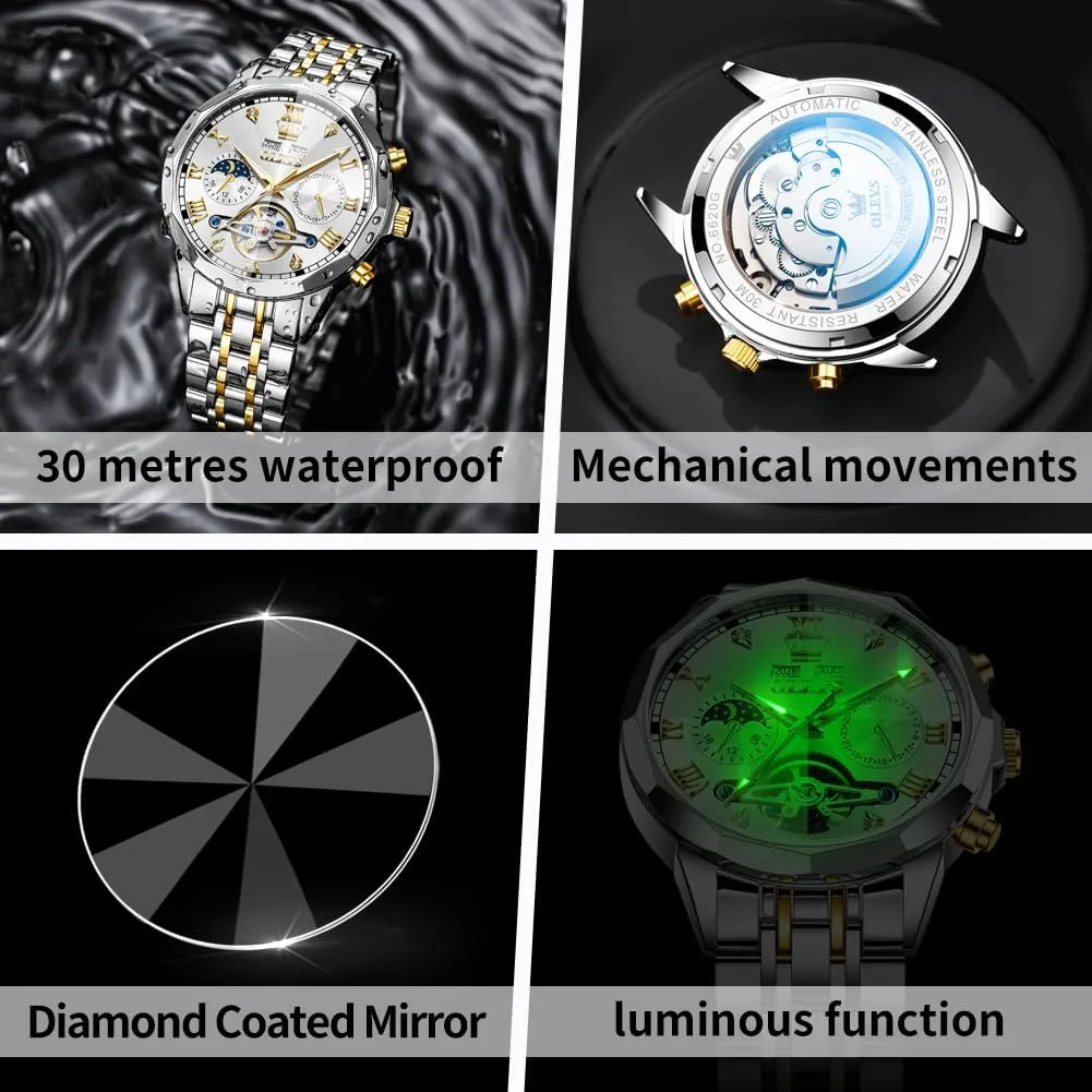 Hands Diamond Men Wrist Watches OLEVS Men Automatic Watch Skeleton Moon Phase Dial Luxury Dress cowhand skepticism Stainless Steel Strap 5 