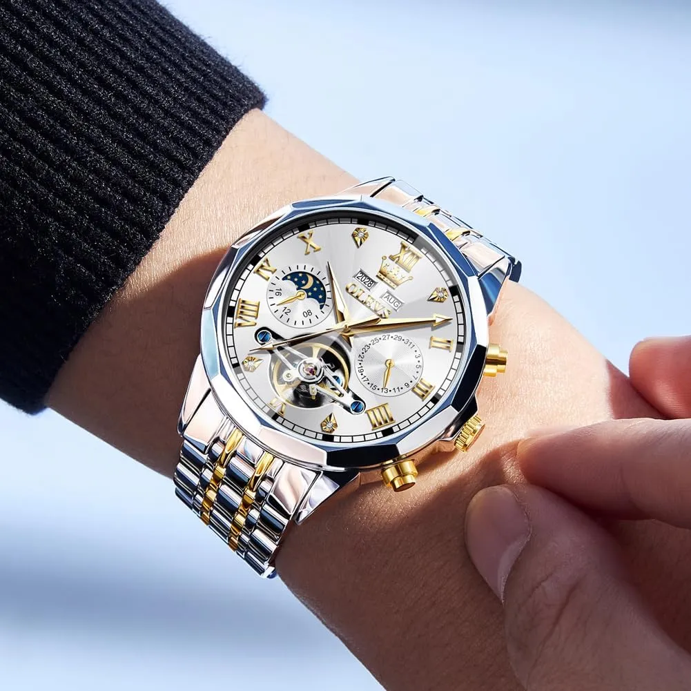 Hands Diamond Men Wrist Watches OLEVS Men Automatic Watch Skeleton Moon Phase Dial Luxury Dress cowhand skepticism Stainless Steel Strap 5 