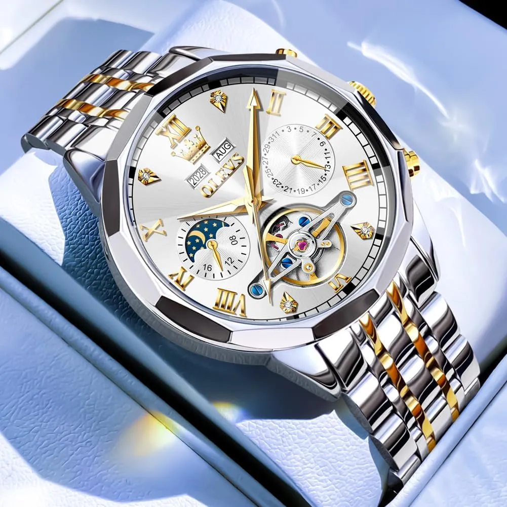 Hands Diamond Men Wrist Watches OLEVS Men Automatic Watch Skeleton Moon Phase Dial Luxury Dress cowhand skepticism Stainless Steel Strap 5 