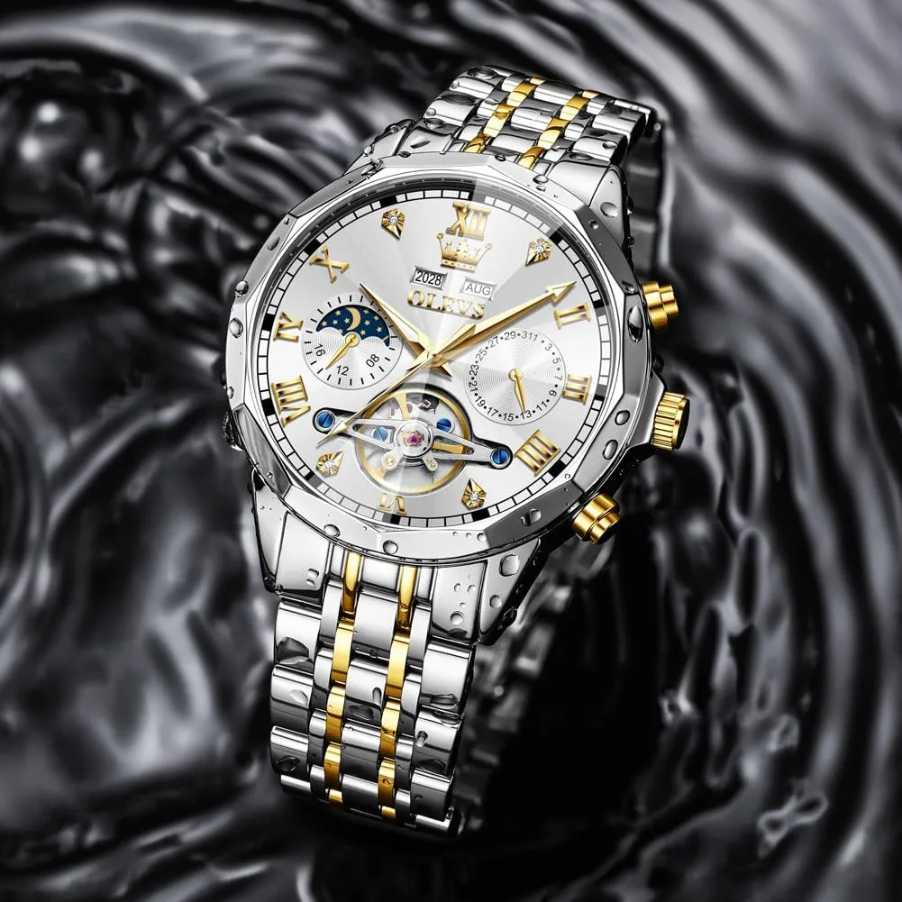Hands Diamond Men Wrist Watches OLEVS Men Automatic Watch Skeleton Moon Phase Dial Luxury Dress cowhand skepticism Stainless Steel Strap 5 