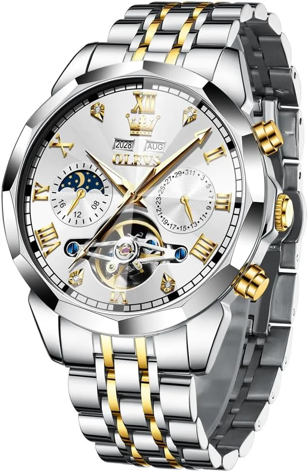 Hands Diamond Men Wrist Watches OLEVS Men Automatic Watch Skeleton Moon Phase Dial Luxury Dress cowhand skepticism Stainless Steel Strap 5 