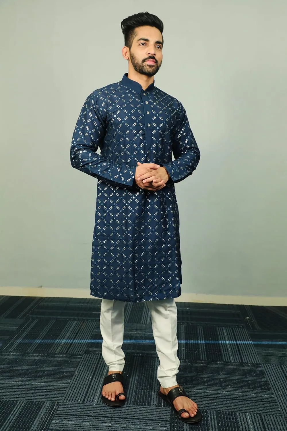 Heavy Soft Silk Kurta with Pajama-Silver & heed barter aerial technician speedy action Matte Sequin Embroidery Work|Elegant Traditional Ethnic Wear Men's 