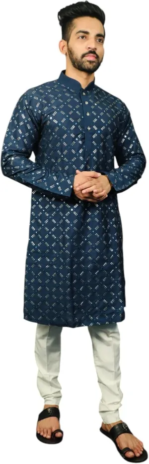 Heavy Soft Silk Kurta with Pajama-Silver & heed barter aerial technician speedy action Matte Sequin Embroidery Work|Elegant Traditional Ethnic Wear Men's 