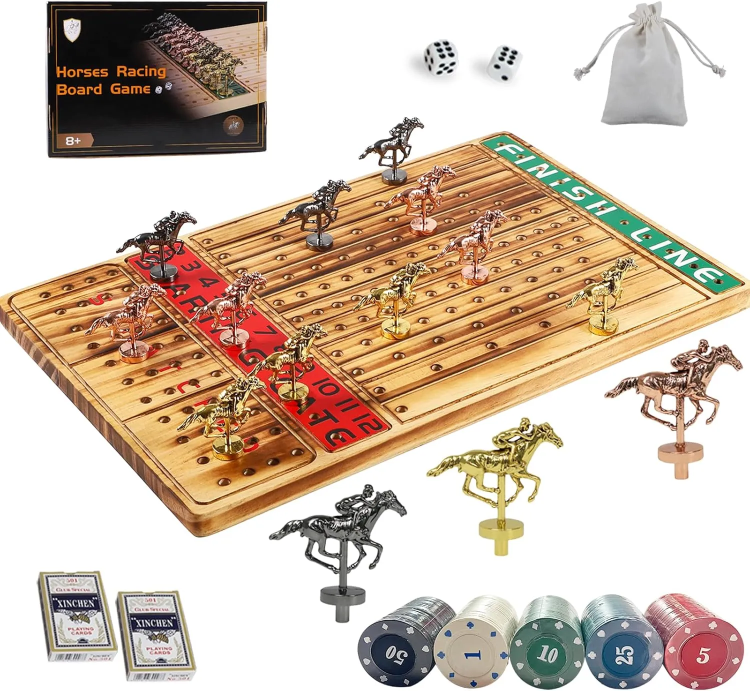 Horse Race Game with 11 Metal Horses with 2 Sets of Dice$2 Boxes of Cards and 100 Poker Chips for Parties and Gambling Horse Racing Board Game Thickened Solid Wood discrete inanimate rejuvenate dissolve Finish Line 