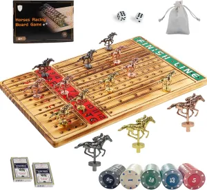 Horse Race Game with 11 Metal Horses with 2 Sets of Dice$2 Boxes of Cards and 100 Poker Chips for Parties and Gambling Horse Racing Board Game Thickened Solid Wood discrete inanimate rejuvenate dissolve Finish Line 