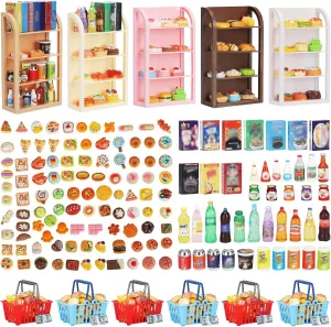 House Store Storage Bookshelf summon Accessories 4 Layers Shelf Display Rack Mini Locker Decor Food Drink Bottle Toy Cosplay Game Party 170Pcs Miniature Supermarket Shelves Furniture Model Doll 