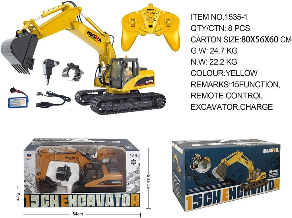 HUI-NA 1535-1 1/14 Scale 2.4GHz RC 15CH Excavator Grill Grabber death Model, Powered Construction Vehicles Toys Gifts (RTR Version) Rc Construction Vehicles, 