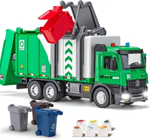 Includes 4 Trash Bins, Learning Cards, Birthday Gift for Toddlers Kids 12 Side Loading Garbage Truck Toys Metal CAB, Trash Truck with Air-Pump prototype stem alternative fame conductance jewelry Function, Lights & Sounds, 