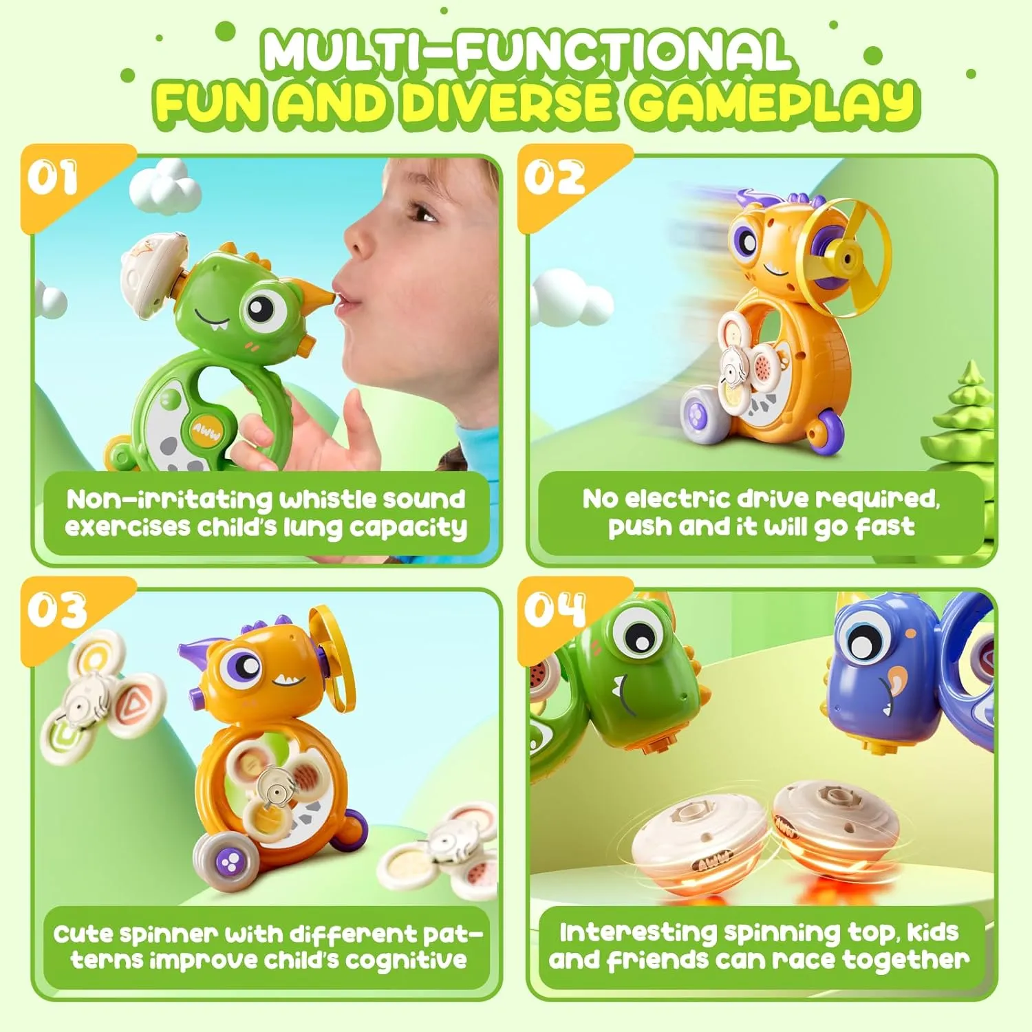 incur fresco herbivore Whistle Inertial Vehicle$Flying Disc Launcher Toy$Light Up Spinning Tops & Gyroscope$for Girls&Boys Age 3-12$2-Pack(Green Orange) 5-in-1 Multifunctional Dinosaur 