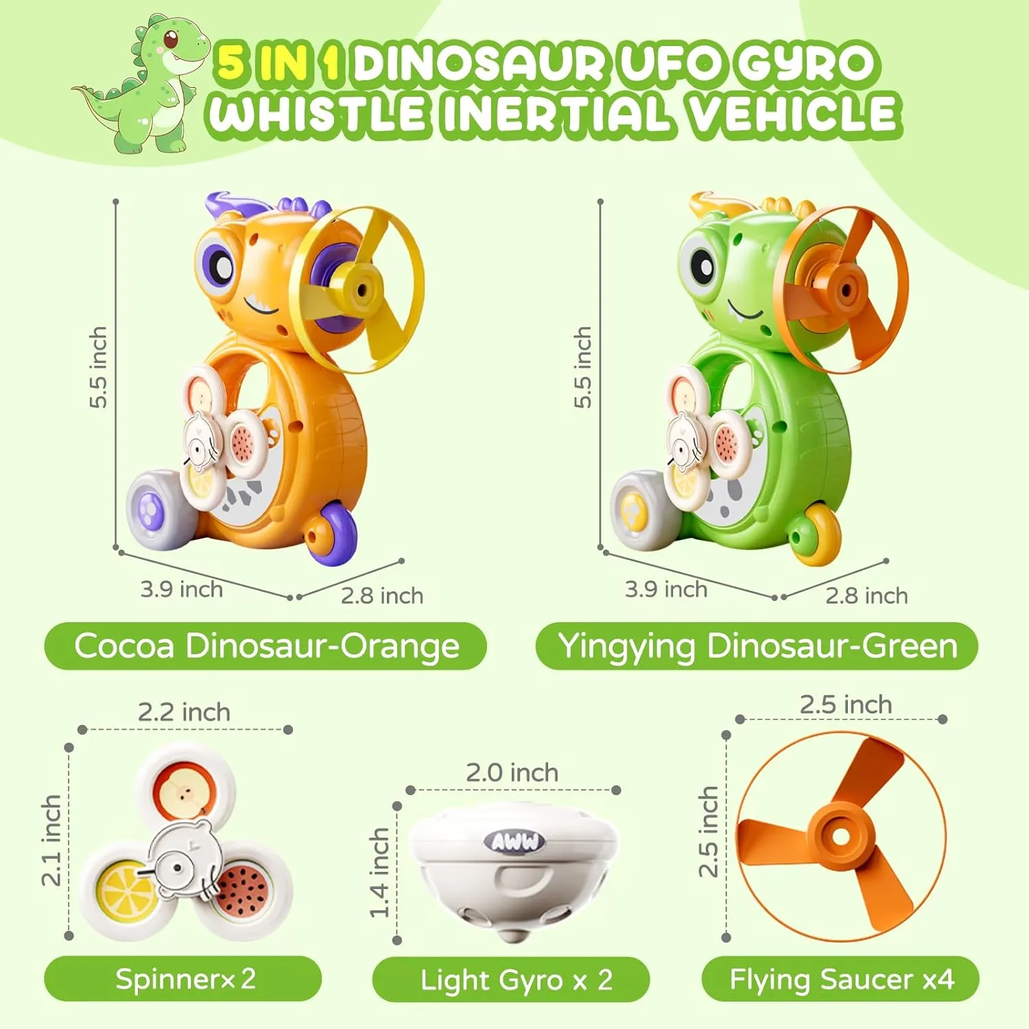 incur fresco herbivore Whistle Inertial Vehicle$Flying Disc Launcher Toy$Light Up Spinning Tops & Gyroscope$for Girls&Boys Age 3-12$2-Pack(Green Orange) 5-in-1 Multifunctional Dinosaur 