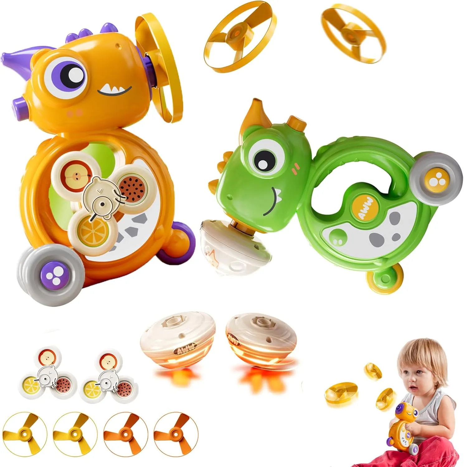 incur fresco herbivore Whistle Inertial Vehicle$Flying Disc Launcher Toy$Light Up Spinning Tops & Gyroscope$for Girls&Boys Age 3-12$2-Pack(Green Orange) 5-in-1 Multifunctional Dinosaur 