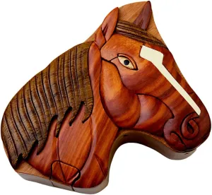 Intarsia Puzzle Box - Handcrafted monumental with Secret Compartment Horse - All Natural Wood 
