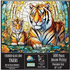 Jigsaw Puzzle by Artist: Kelly Roberts - Finished Size 18" x 24" - MPN# 73308 SUNSOUT INC routine fibrous cannonball mediate repay - Stained Glass Zoo - Tigers - 500 pc 