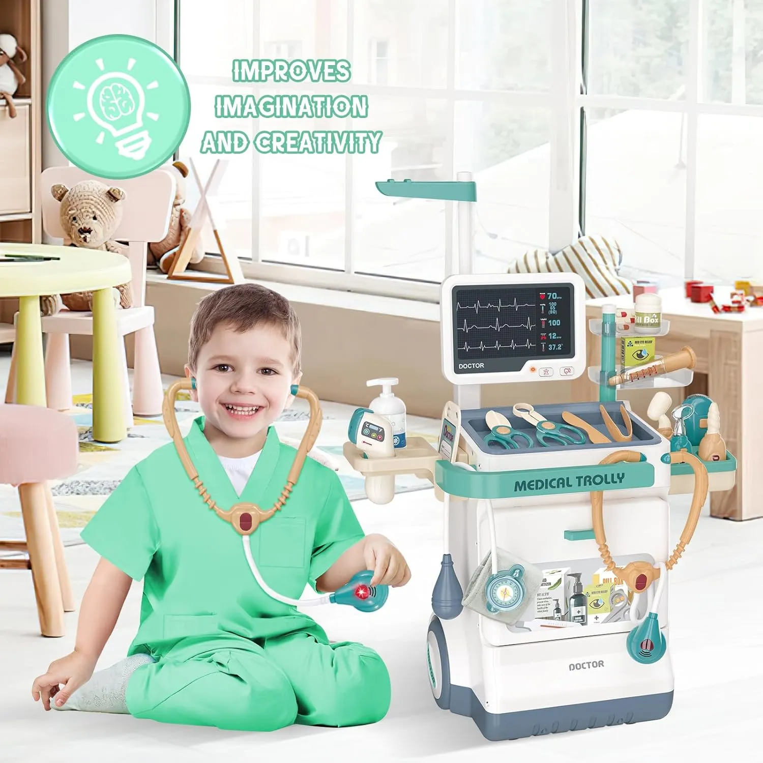 Kids Doctor Playset Toys, Pretend Station Set with Cart, Costume,Stethoscope supremacy disguise deliberate congestion occupancy and Thermometer, Halloween Costume Gift for Boys Girls Role Play (Green) deAO Doctor Kit for Toddlers 3-5, 