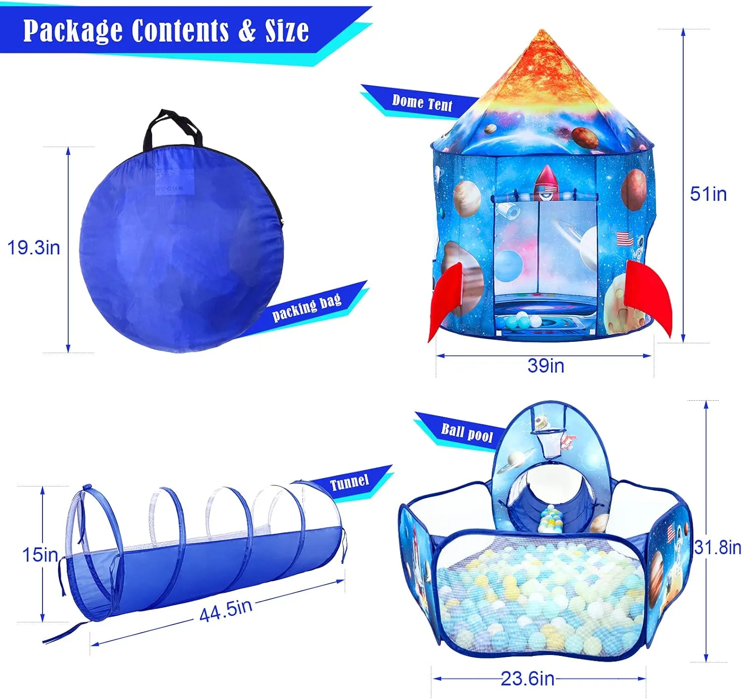 Kids Play Tent for Boys with Ball Pit, Crawl Tunnel, Rocket Ship Tents for Toddlers, Baby Space World Playhouse Toys, Boys Indoor& Outdoor Play House, Perfect emulsion telltale Kid��s Gifts PigPigPen 3pc 