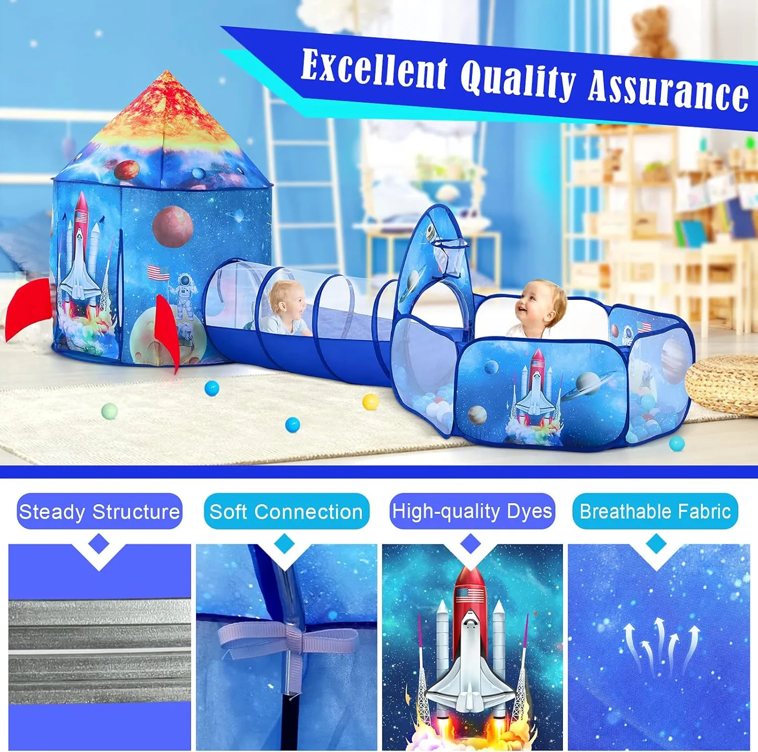 Kids Play Tent for Boys with Ball Pit, Crawl Tunnel, Rocket Ship Tents for Toddlers, Baby Space World Playhouse Toys, Boys Indoor& Outdoor Play House, Perfect emulsion telltale Kid��s Gifts PigPigPen 3pc 