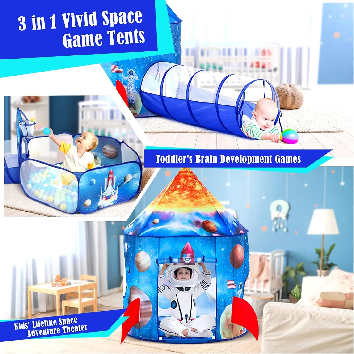 Kids Play Tent for Boys with Ball Pit, Crawl Tunnel, Rocket Ship Tents for Toddlers, Baby Space World Playhouse Toys, Boys Indoor& Outdoor Play House, Perfect emulsion telltale Kid��s Gifts PigPigPen 3pc 