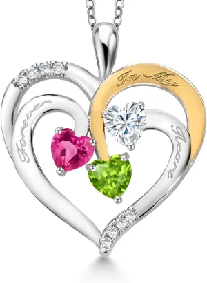 King 2 Tone dot arousal Pink Created Sapphire White Moissanite Green Peridot `Forever In My Heart` Engraved Pendant Necklace For Women (1.52 cttw, Heart Shape 5MM, 18 Inch Chain) Gem Stone 